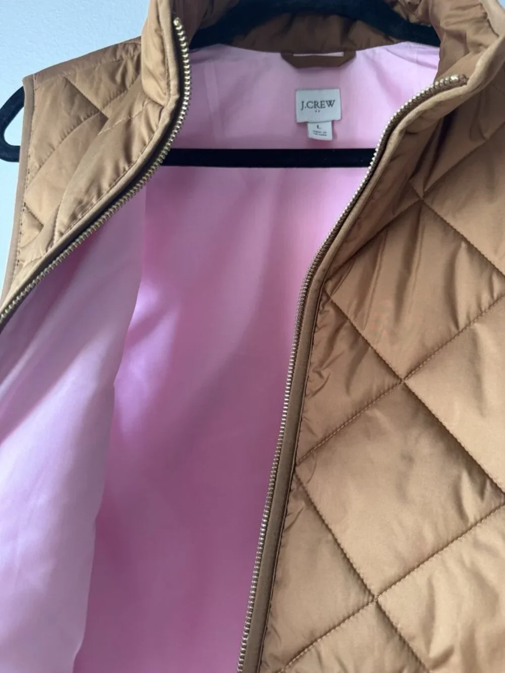 J.Crew Puffer Vest Women L Brown Pink Quilted Utility Preppy Outdoor Layer